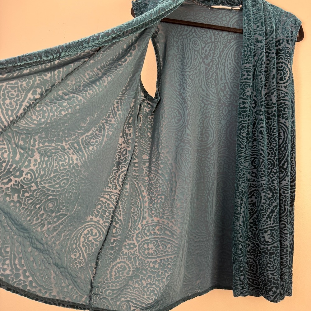 Susan Graver Cardigan Vest Women's Small Green Paisley Velvet Burnout Open Front - Picture 6 of 12